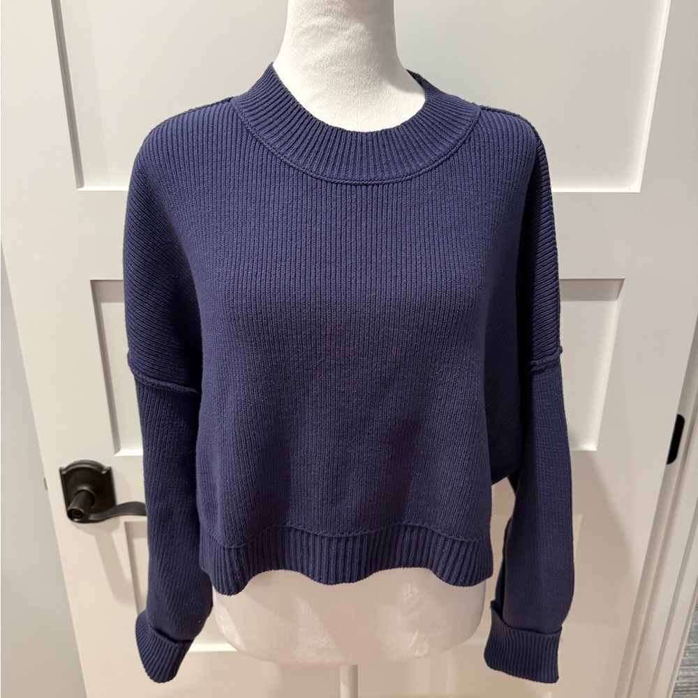 Free People Deep Blue Crew Neck Cropped Sweater